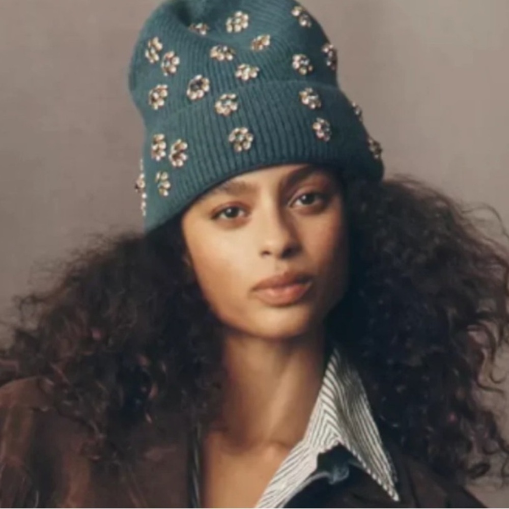 Anthropologie New One Size Embellished Teal Beanie